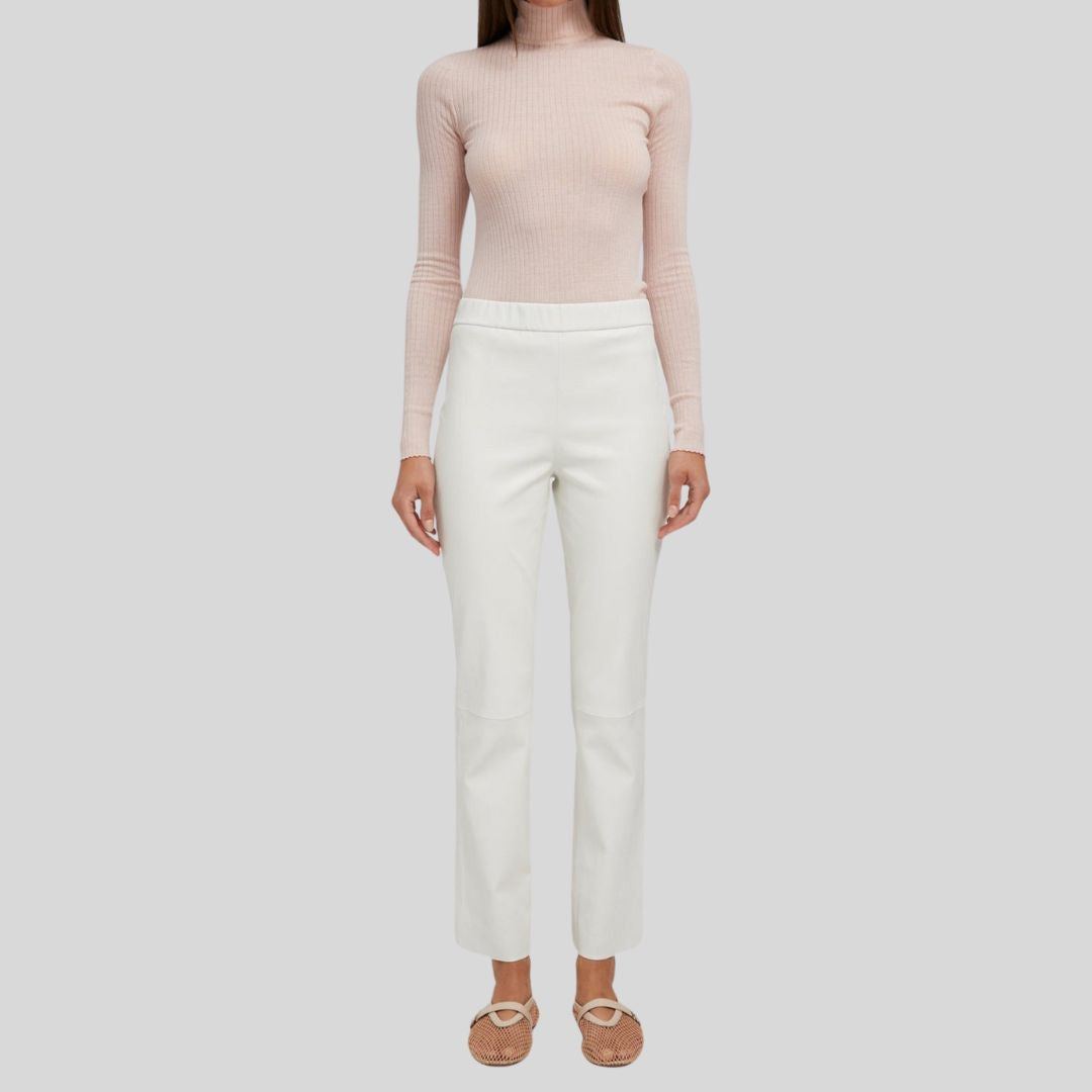 ivory luxe leather pants white genuine leather trousers front picture with model