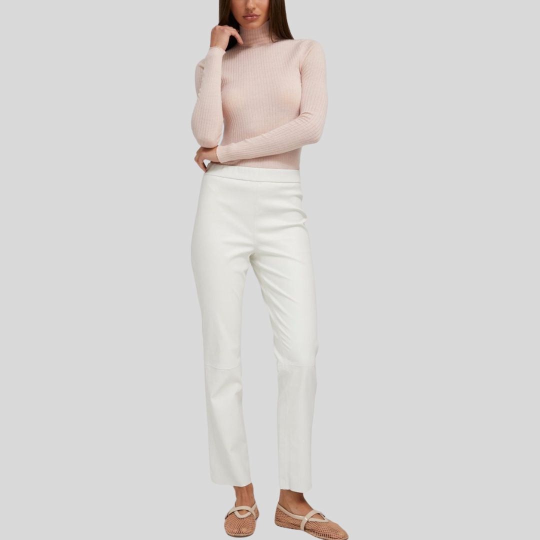 ivory luxe leather pants white genuine leather trousers front picture with model
