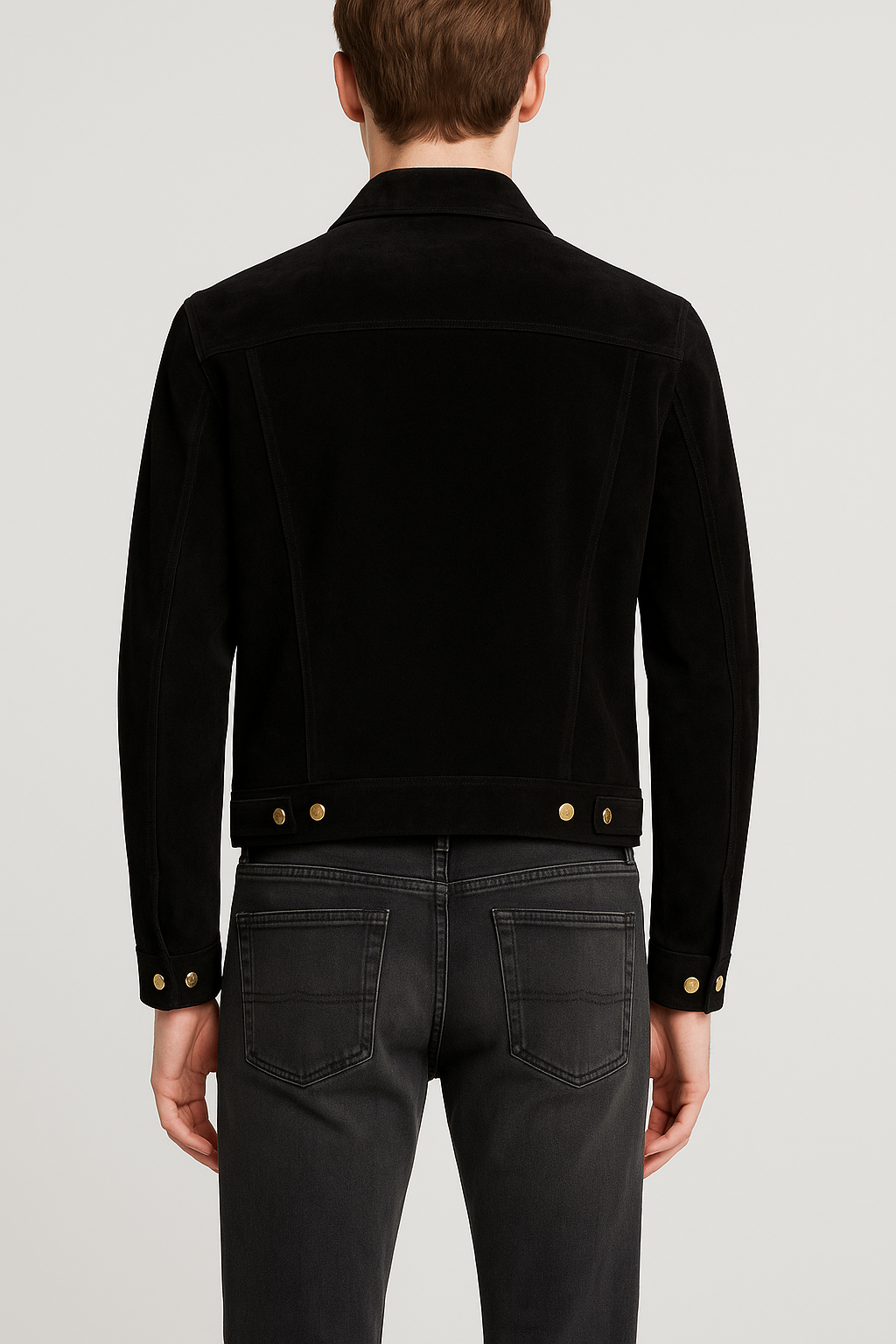 Black suede jacket back view on model – Jet Noir Button-Up Jacket
