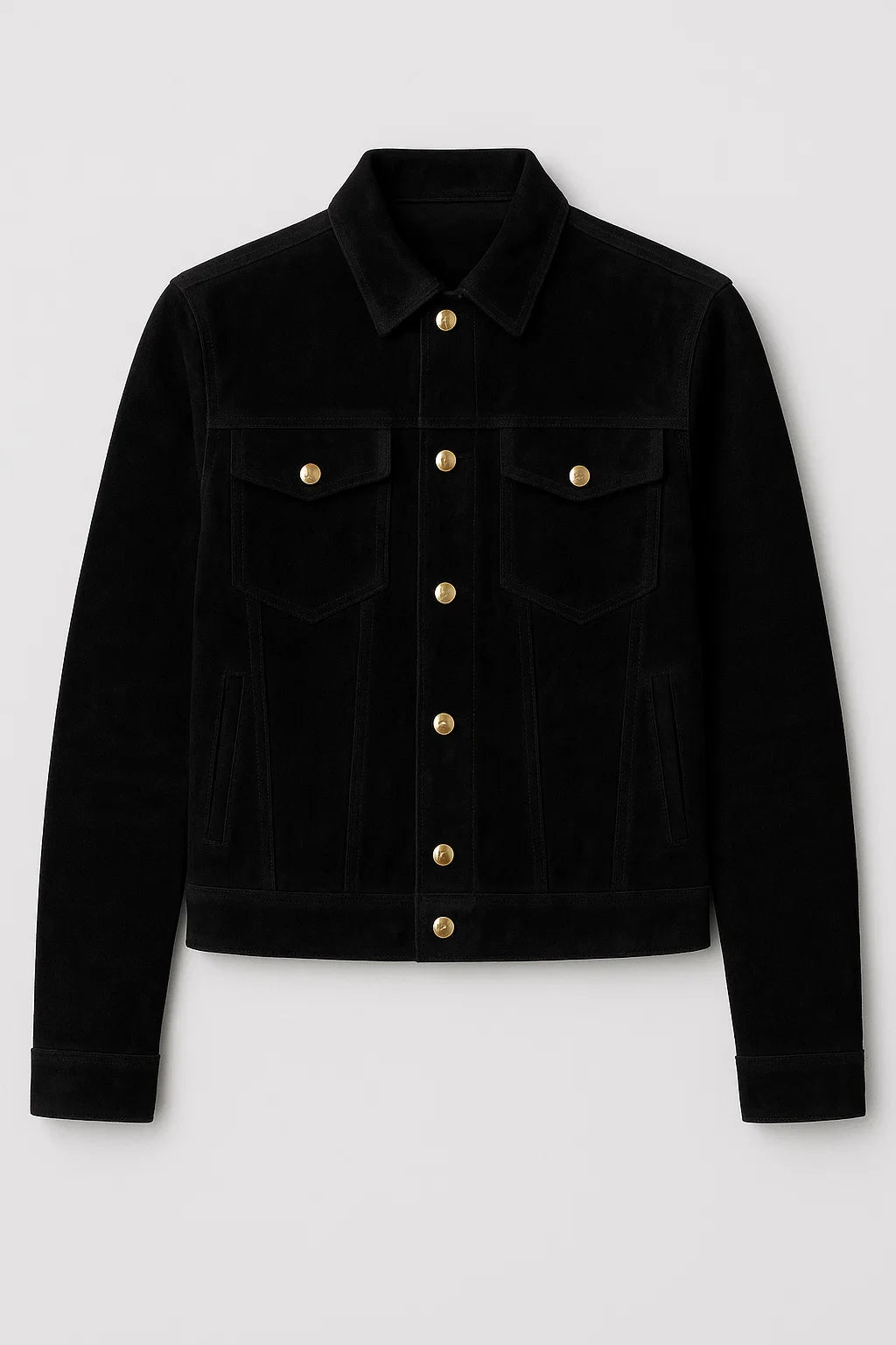 Black suede jacket front view without model – Jet Noir Button-Up Jacket
