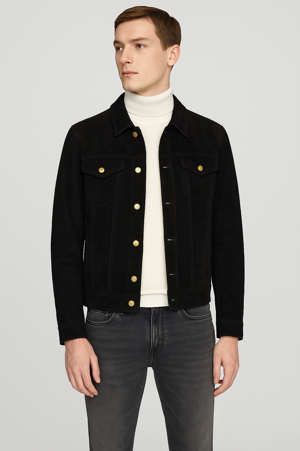 Black suede button up jacket men's front view – Jet Noir Suede Jacket
