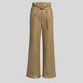 flat product view of khaki leather bell bottom pants