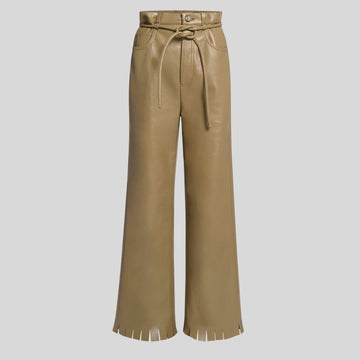 flat product view of khaki leather bell bottom pants