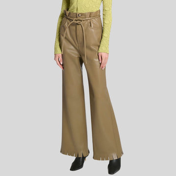 side angle of khaki leather pants with notched hem