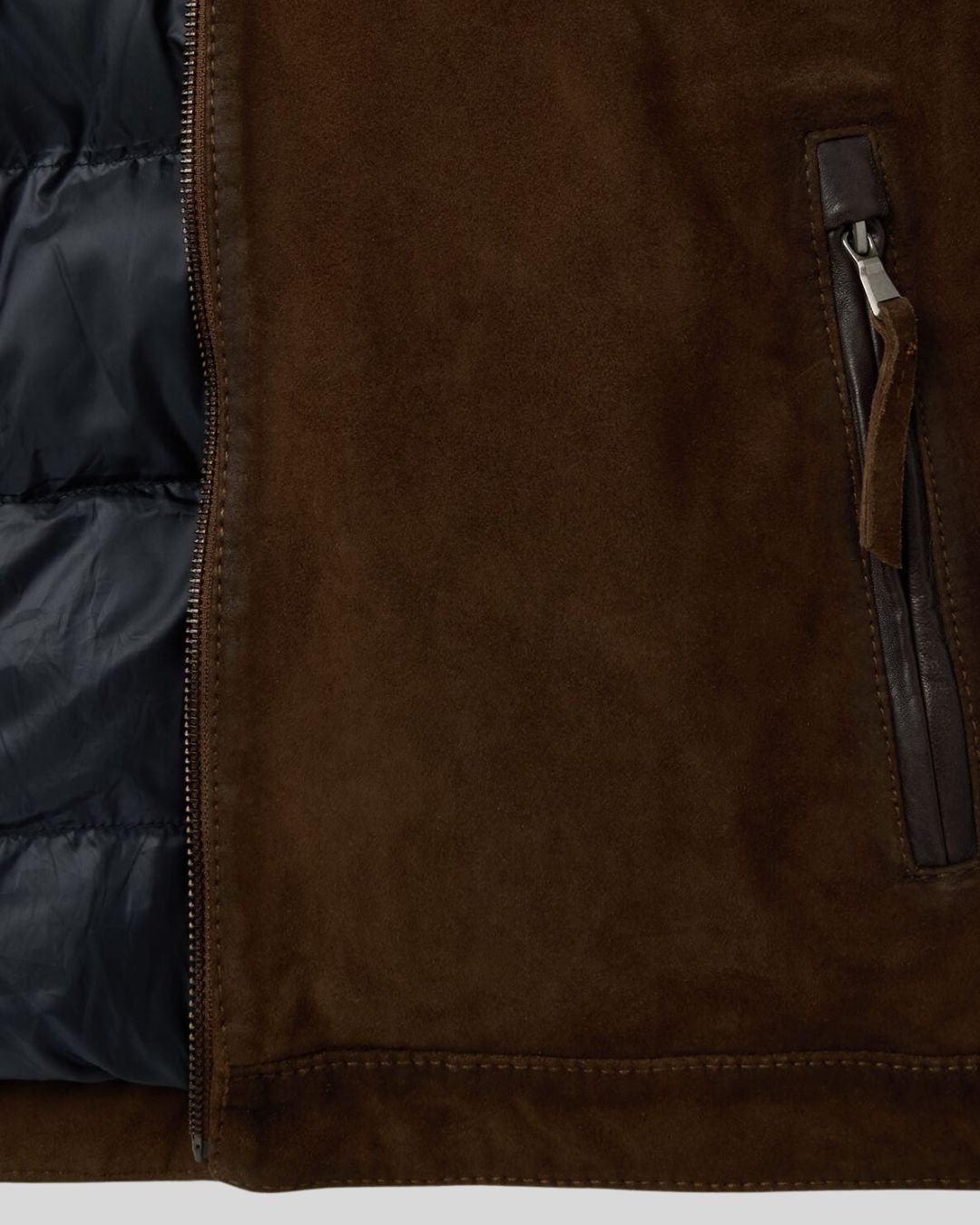 satin lining and front pocket detail of brown suede jacket