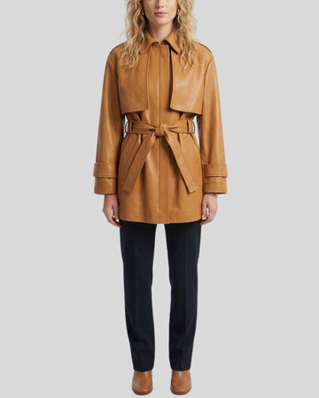Urban Luxe Tan Leather Belted Leather Safari Jacket For Women