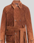 Close-up of collar and buttons on brown suede trench