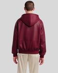 Rear silhouette of burgundy leather varsity hoodie bomber