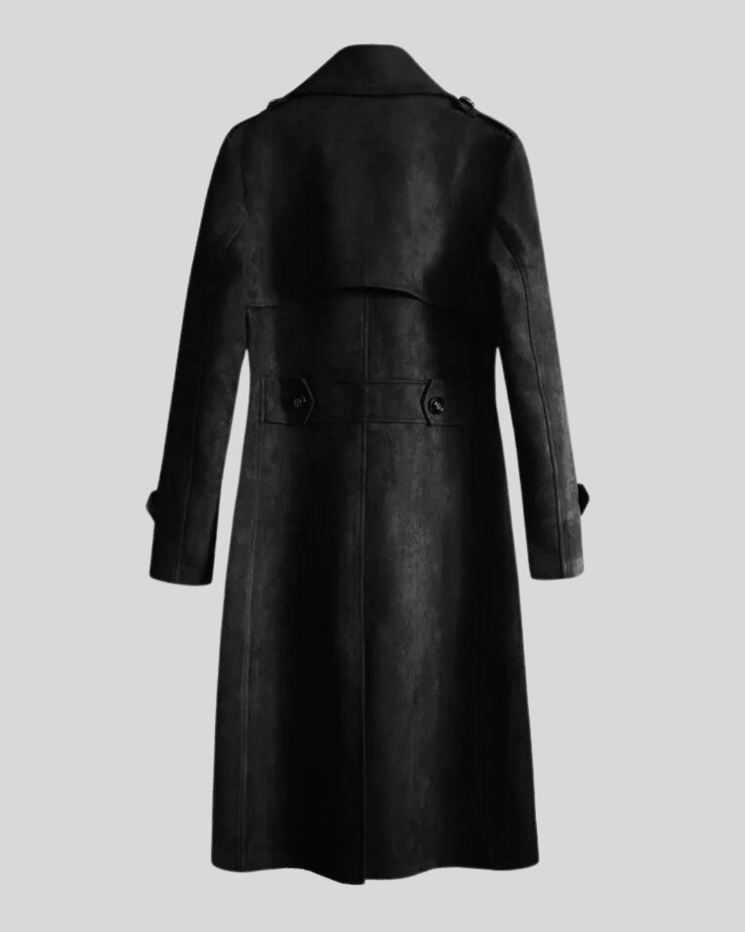Front view of black suede long coat for mens
