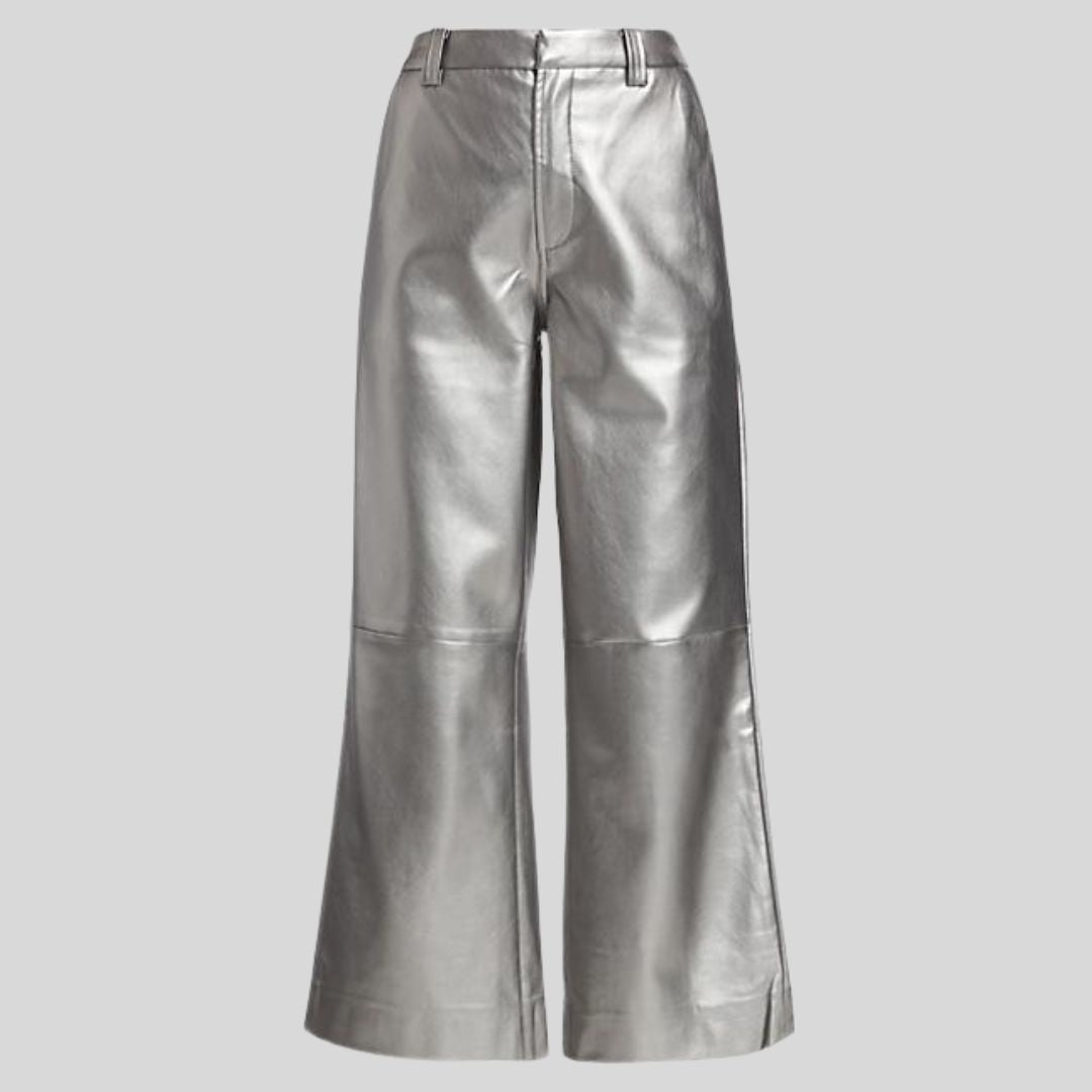 front model view of Lunar Luxe silver leather pants for womens