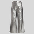 flat front view of Lunar Luxe silver leather pants for womens