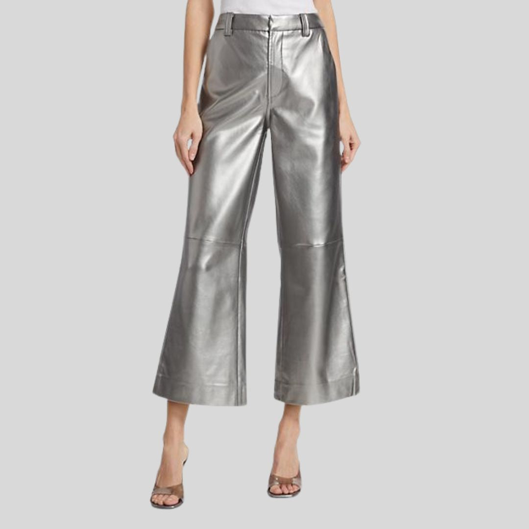 front model view of Lunar Luxe silver leather pants for womens