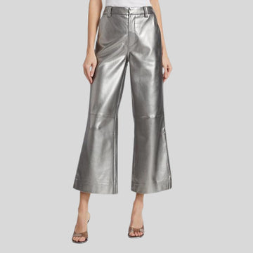 front model view of Lunar Luxe silver leather pants for womens
