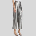 side view of Lunar Luxe silver leather pants for womens