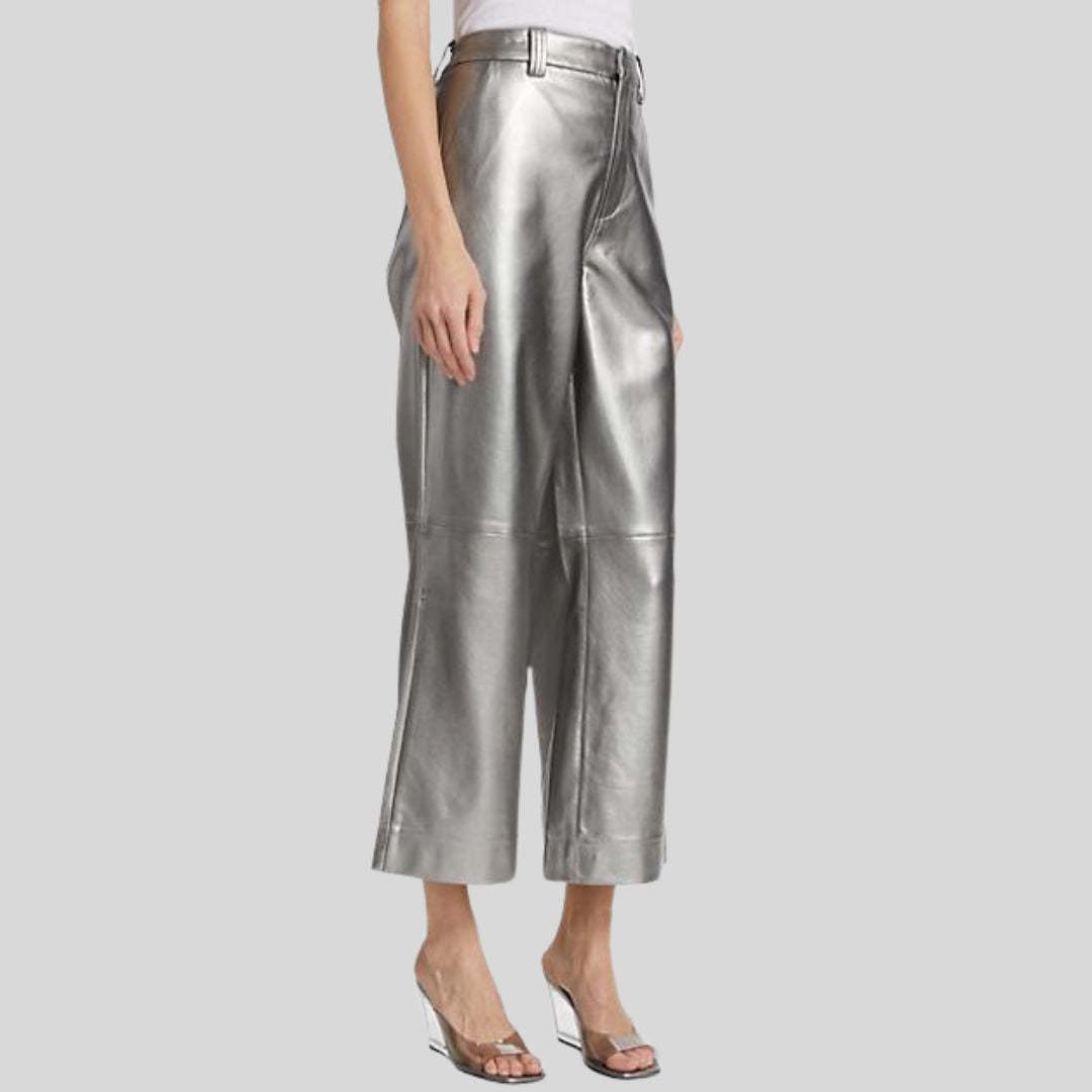 side view of Lunar Luxe silver leather pants for womens
