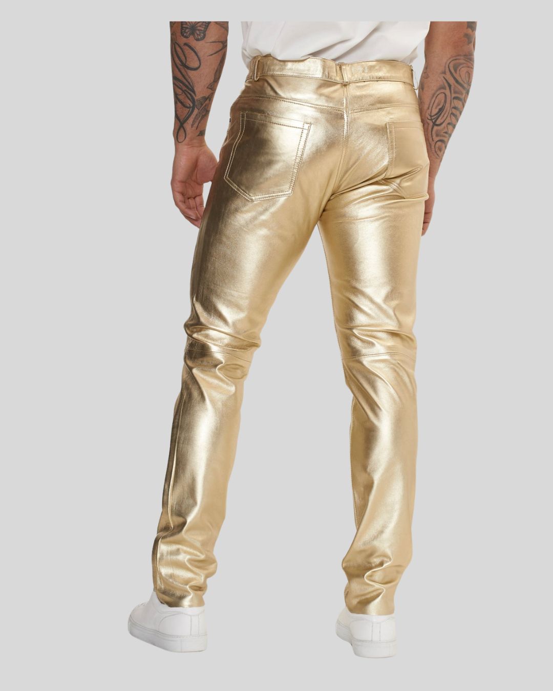 front view of Luxe gold leather pants for men