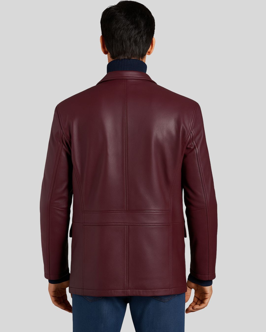 Men's burgundy leather blazer front view with turtleneck