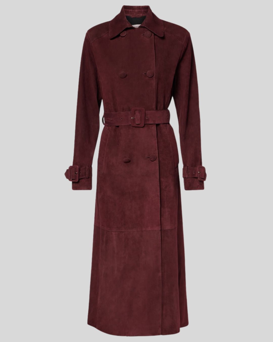  Model styling burgundy suede trench with burgundy flared pants
