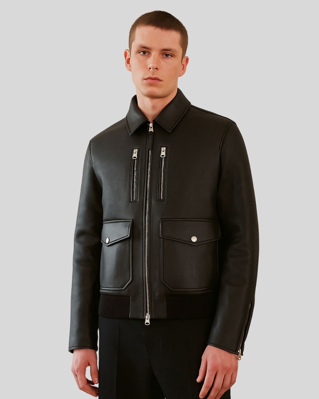 Front close-up of black leather utility bomber jacket for men