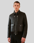 Front close-up of black leather utility bomber jacket for men