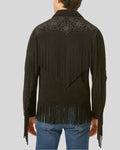 Back of Men's Black Suede Fringe Jacket with rhinestones