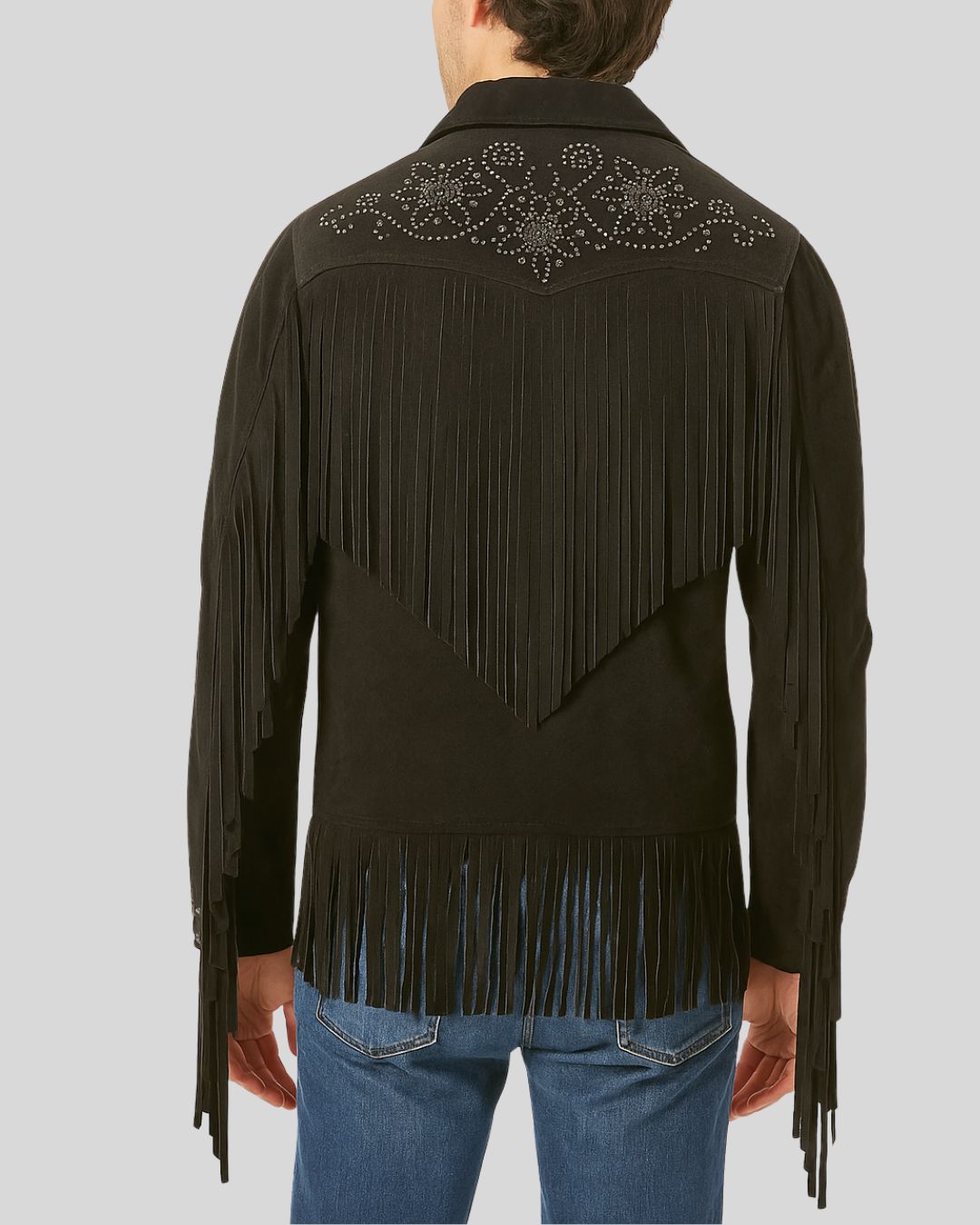 Back of Men's Black Suede Fringe Jacket with rhinestones