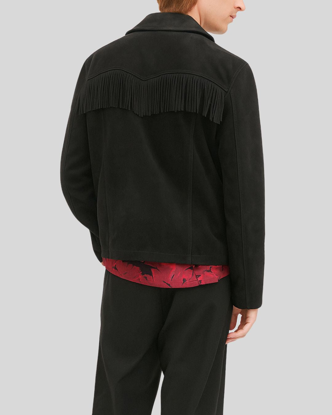 Front view of men’s black suede fringe overshirt
