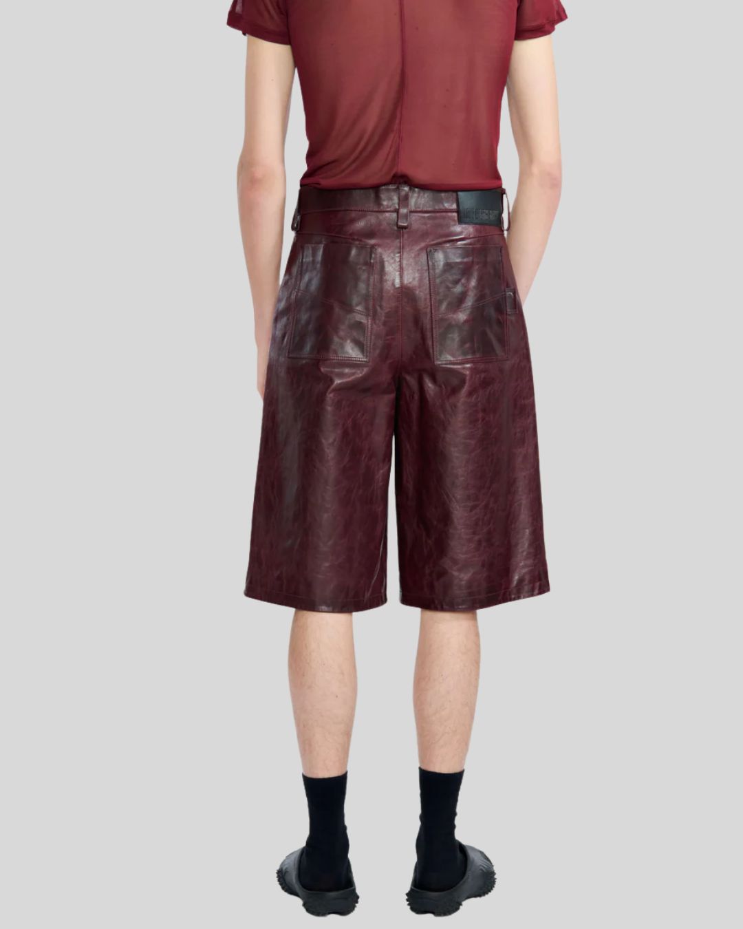 Men’s burgundy leather bermuda shorts front view – high-waist long fit