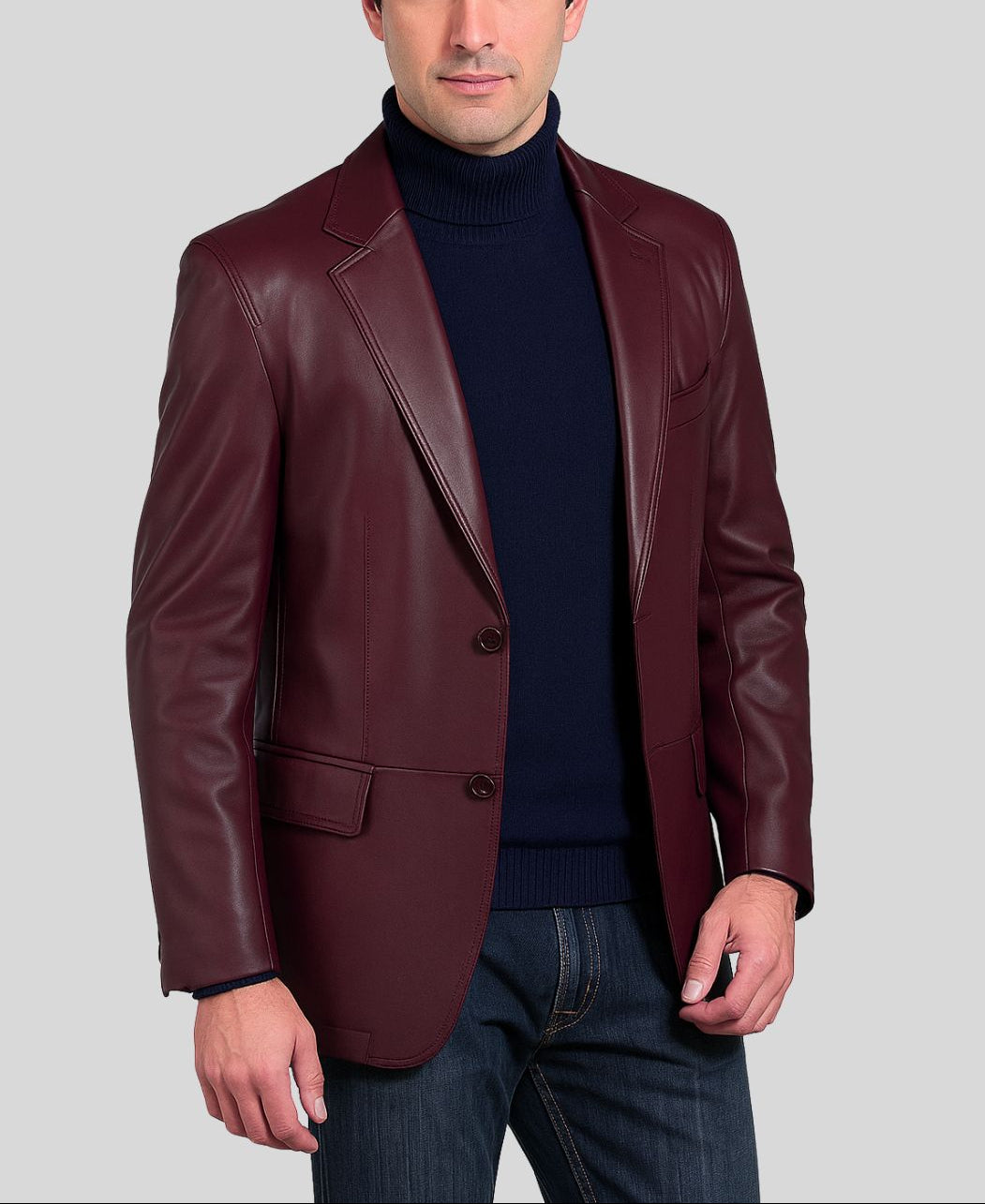 Men's burgundy leather blazer front view with turtleneck