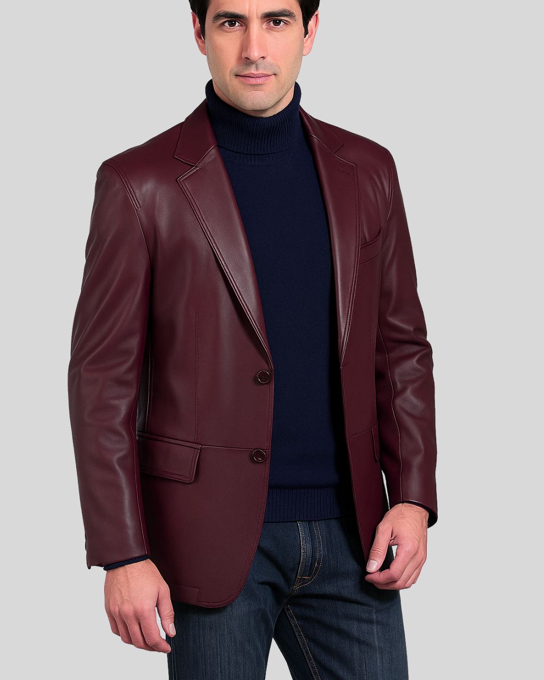 Men’s leather tuxedo blazer in maroon – side angle