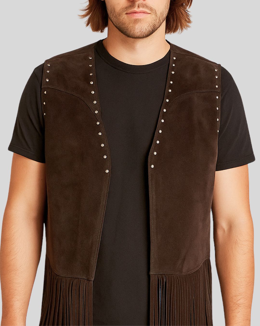 Close-up of chest area on suede fringe vest showing stud detail