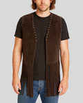 Coffee Brown Suede Fringe Vest Men front view with studs and long fringe