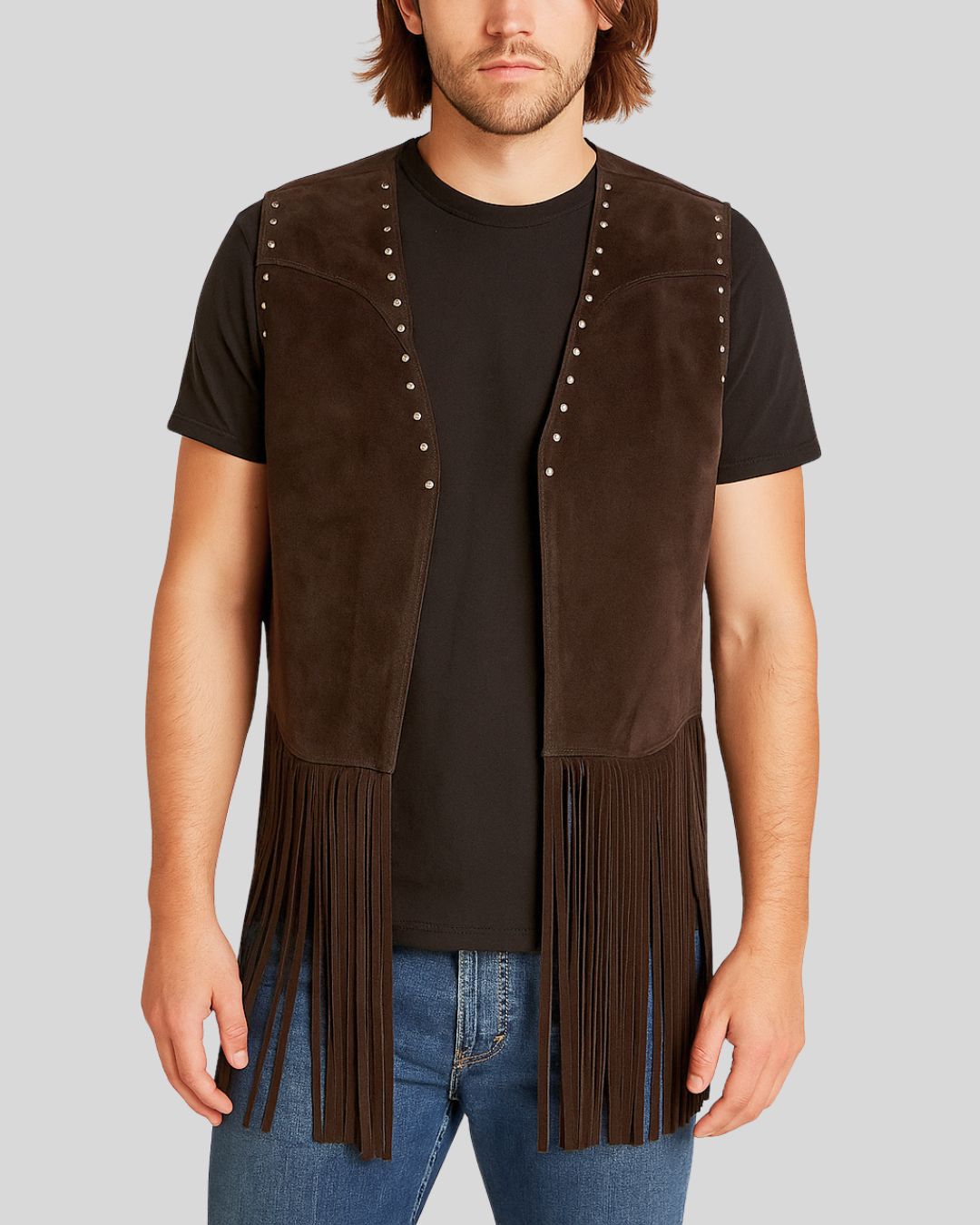Coffee Brown Suede Fringe Vest Men front view with studs and long fringe
