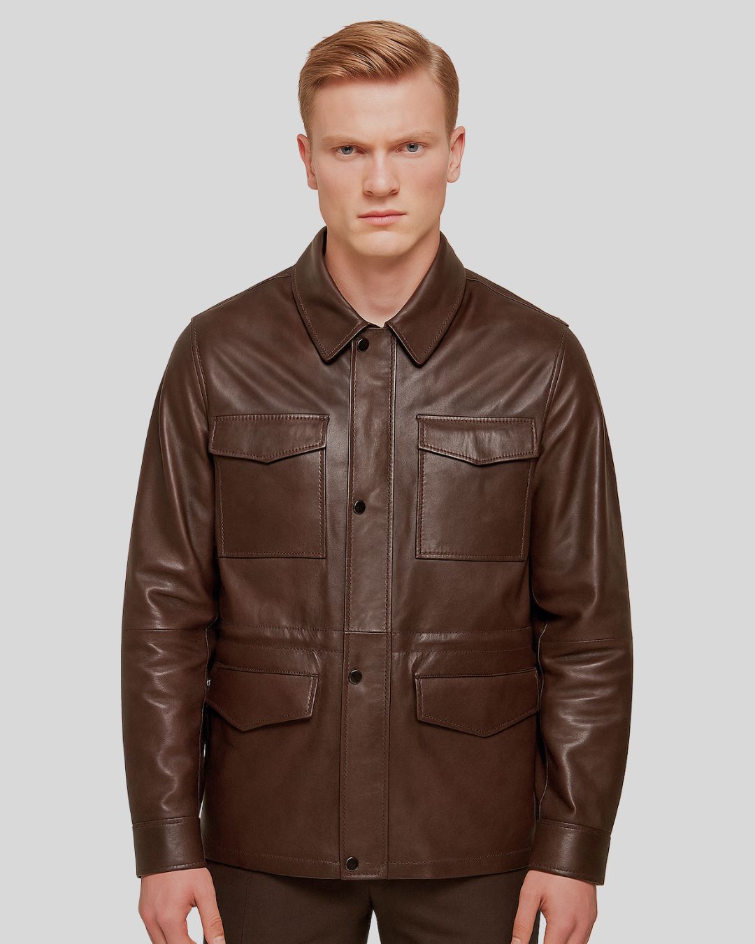 Front view of Imperial Utility Dark Brown Leather Jacket for men