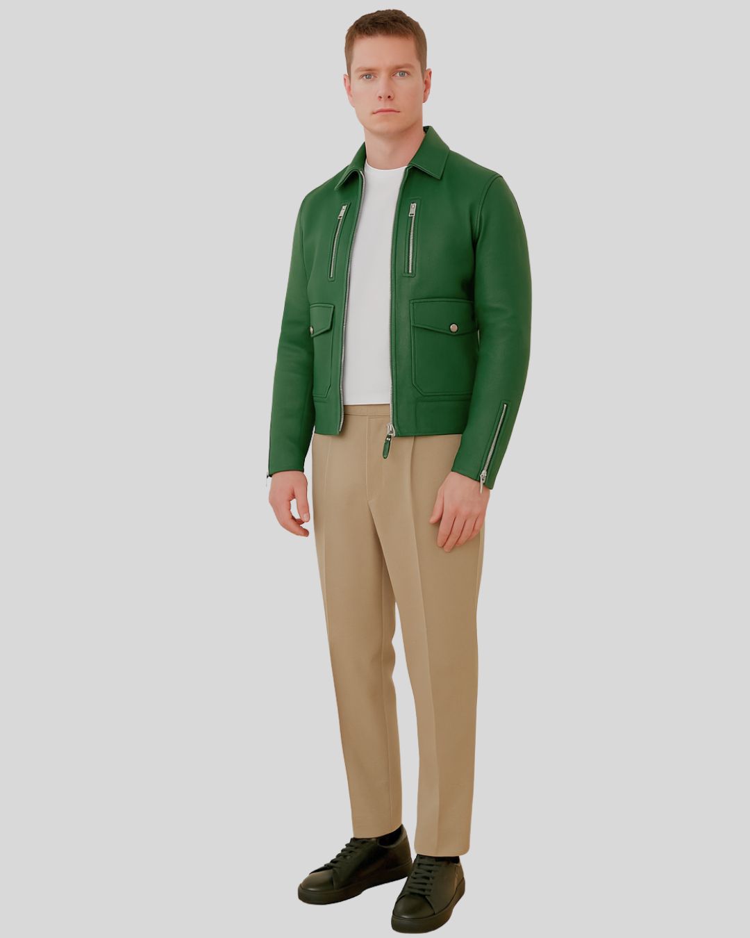 Man in full outfit wearing green bomber jacket, beige trousers, and black sneakers.