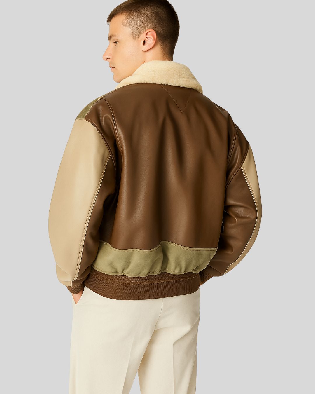 Back of Brown and Beige Shearling Collar Leather Bomber Jacket