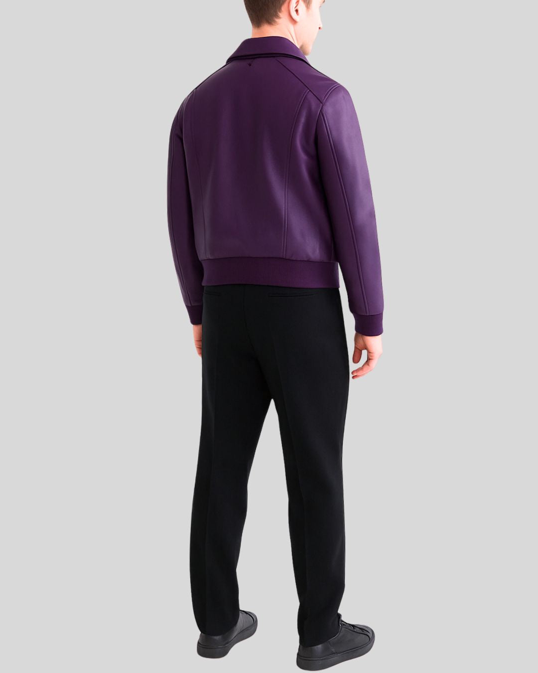 Front view of purple leather utility bomber jacket for men