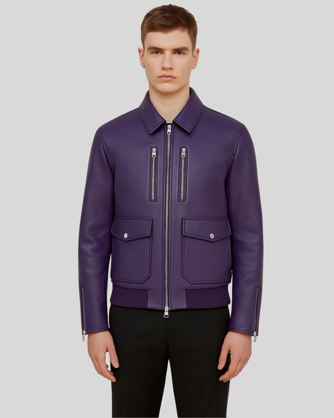 Front view of purple leather utility bomber jacket for men