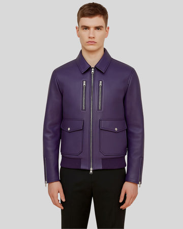 Front view of purple leather utility bomber jacket for men