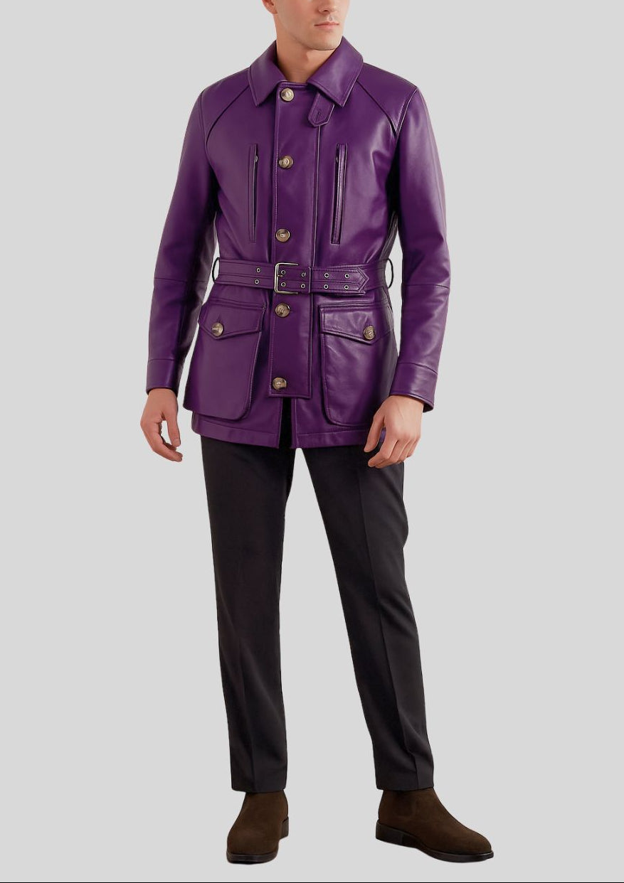 Front view of purple leather safari jacket with belted waist