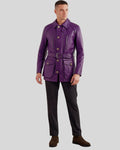 Full-body look of purple belted leather jacket paired with trousers