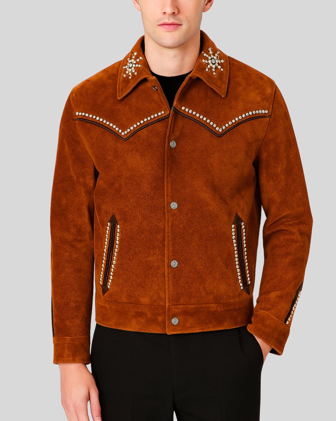 Front view of men’s rust suede jacket with pearl and silver stud embellishments