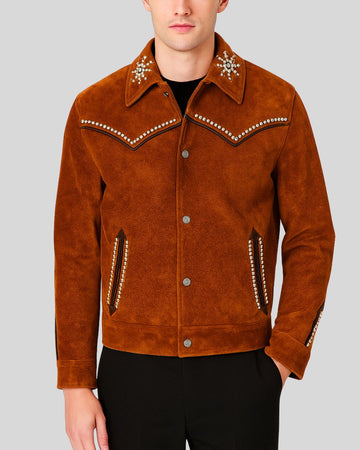 Front view of men’s rust suede jacket with pearl and silver stud embellishments