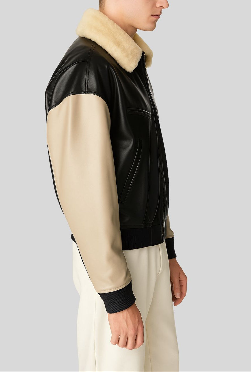 Front view of beige shearling collar leather jacket with contrast sleeves