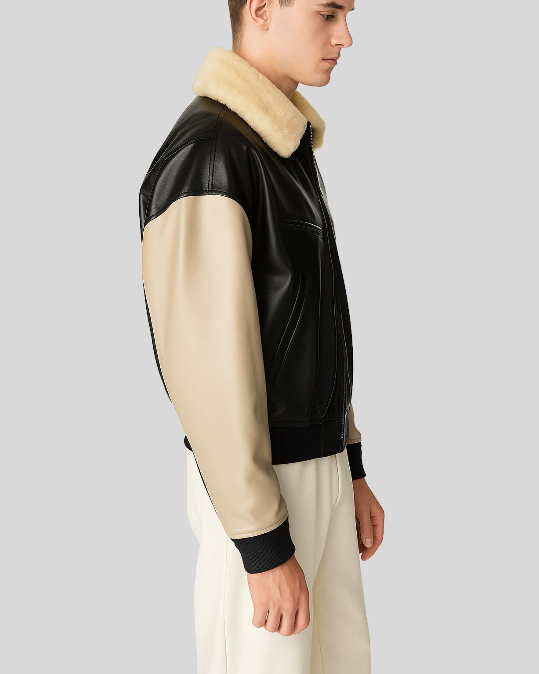 Side profile of two-tone leather bomber with beige sleeve and shearling collar