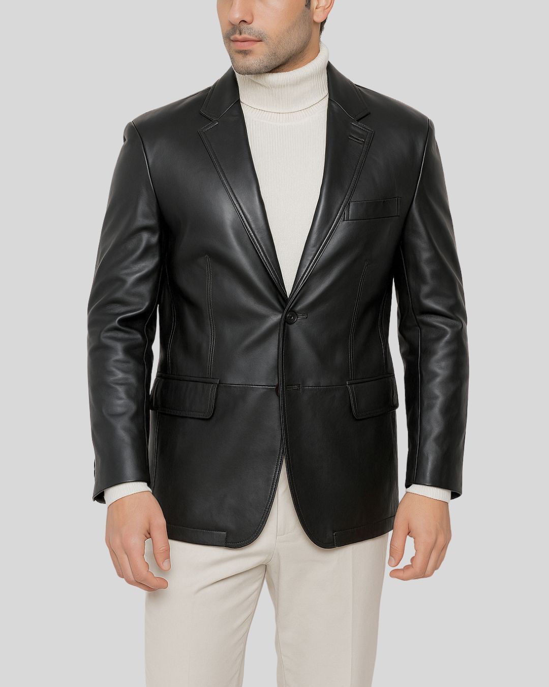 NoirPrime Black Leather Tuxedo Blazer For Mens
