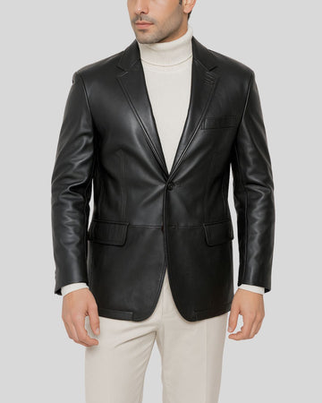 NoirPrime Black Leather Tuxedo Blazer For Mens