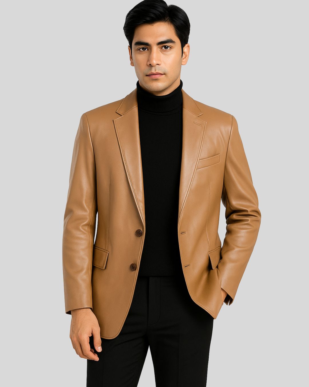 Front view of men's tan leather blazer with tailored fit and notched lapel