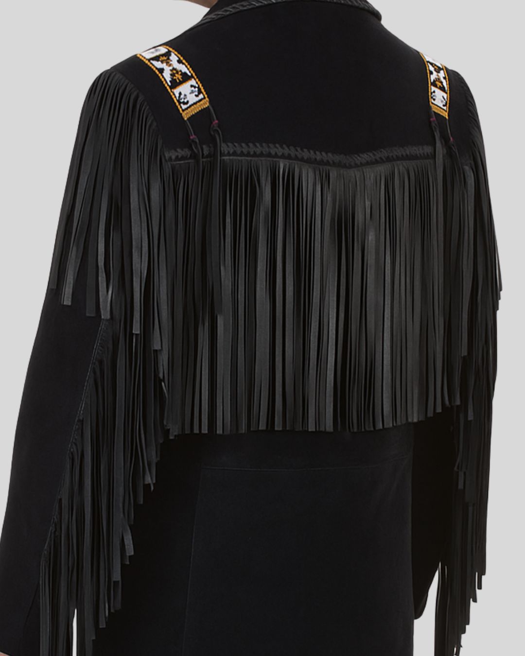 Tribal beaded shoulder close-up on cowboy jacket