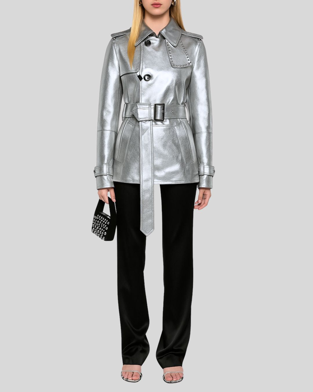 Side angle of belted metallic silver leather jacket womens